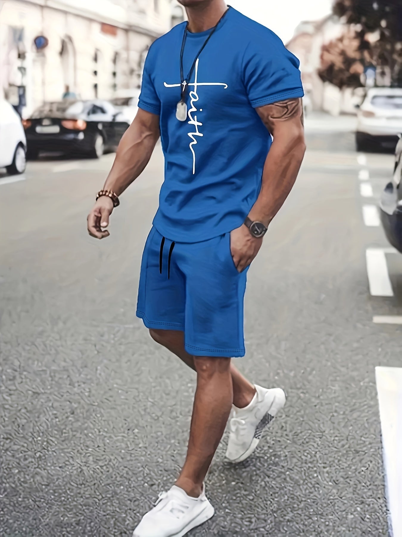 2-piece Men's Summer Casual Outfit Set, Men's Faith Print Short Sleeve T-shirt & Solid Drawstring Shorts With Pockets