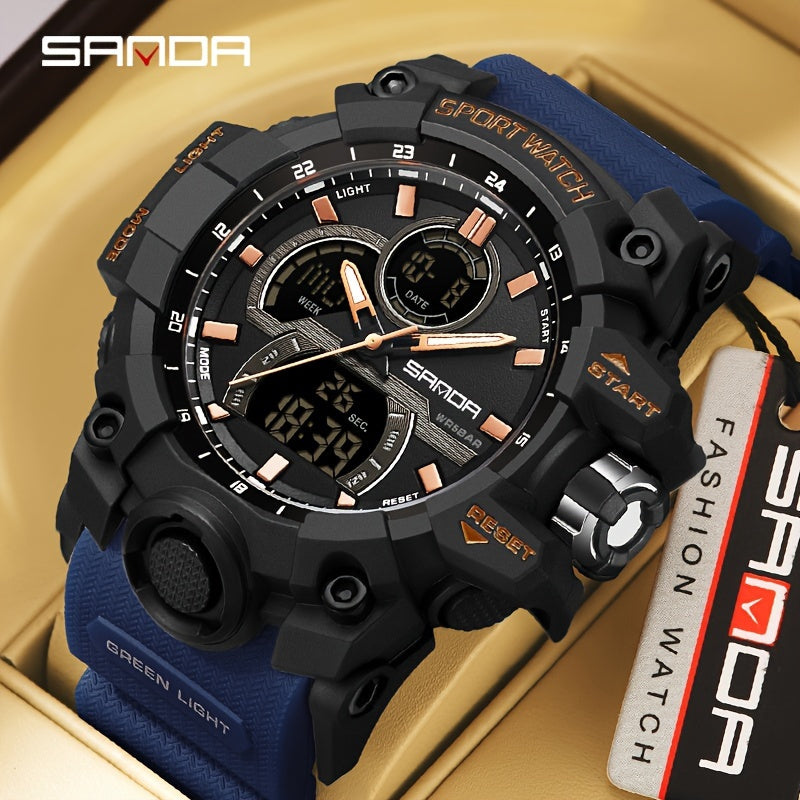 SANDA Sports Watch for Men - Water Resistant 50m, Digital & Analog Display, Rubber Strap, Electronic Movement, Resin Case - Multi-Functional, Dual Display, Suitable for Swimming & Outdoor Activities