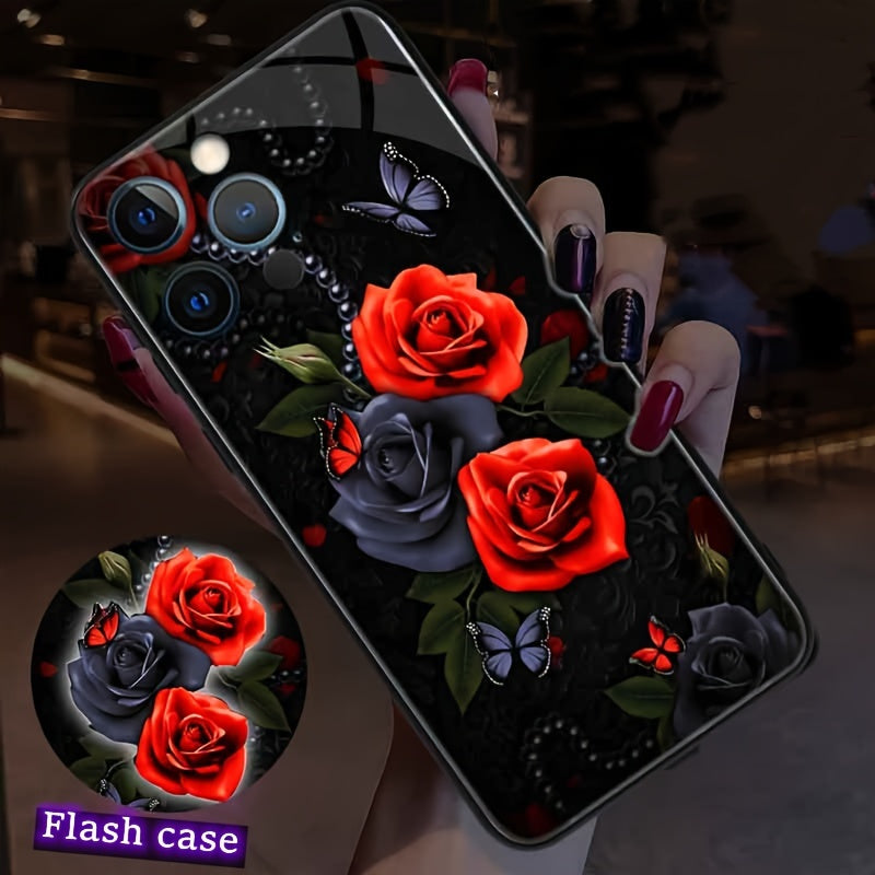 Flower Graphic Phone Cover For IPhone 15 Pro Max/14/13/12/11 Pro Max, Anti Scratch Glass Women Flash Case Voice Control