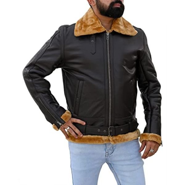 Premium Shearling Fur Leather Jacket-Brown-2