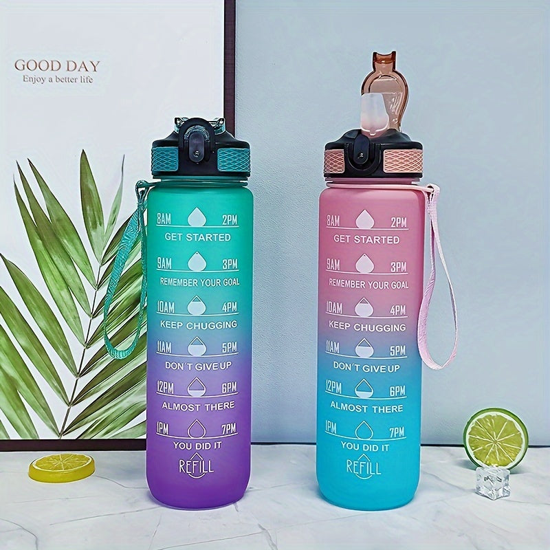 1pc 1000ml/33.81oz Gradient Color Water Bottle With Time Marker, Leakproof Flip Top Straw Drinking Cup, With Carrying Strap, Suitable For Fitness, Yoga, Hiking, Sports