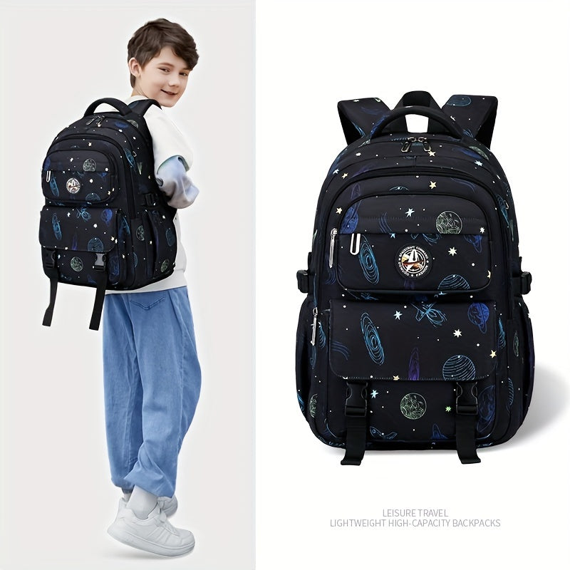 Galaxy Explorer Durable Large Capacity Kids School Backpack, Waterproof With Fun Astronaut & Starry Sky Print, With Adjustable Straps