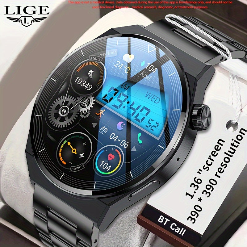 LIGE Men's Sports Smartwatch, Sleep Monitoring, Message Reminder, High-definition Screen, Wireless Call Multifunctional Waterproof Watch