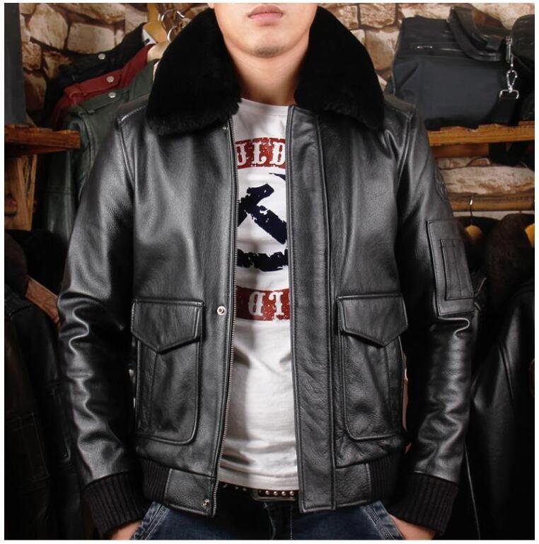 A2 USAF Pilot Leather Flight Jacket with Faux Fur Collar-5