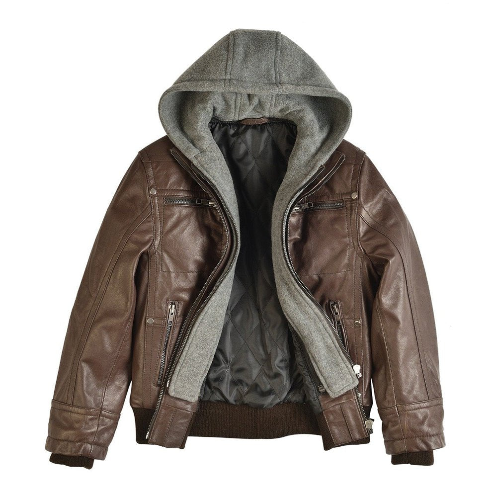 Boys Youth Brando Hooded Leather Jacket-2