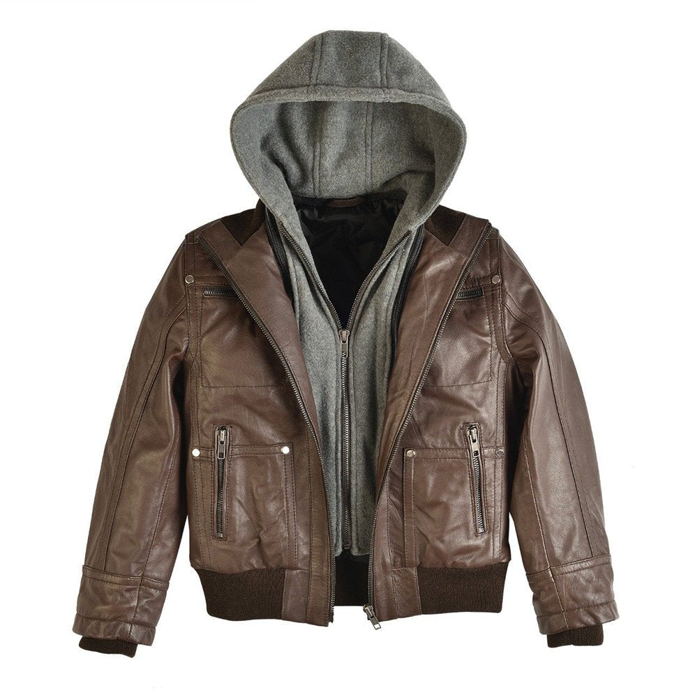 Boys Youth Brando Hooded Leather Jacket-0