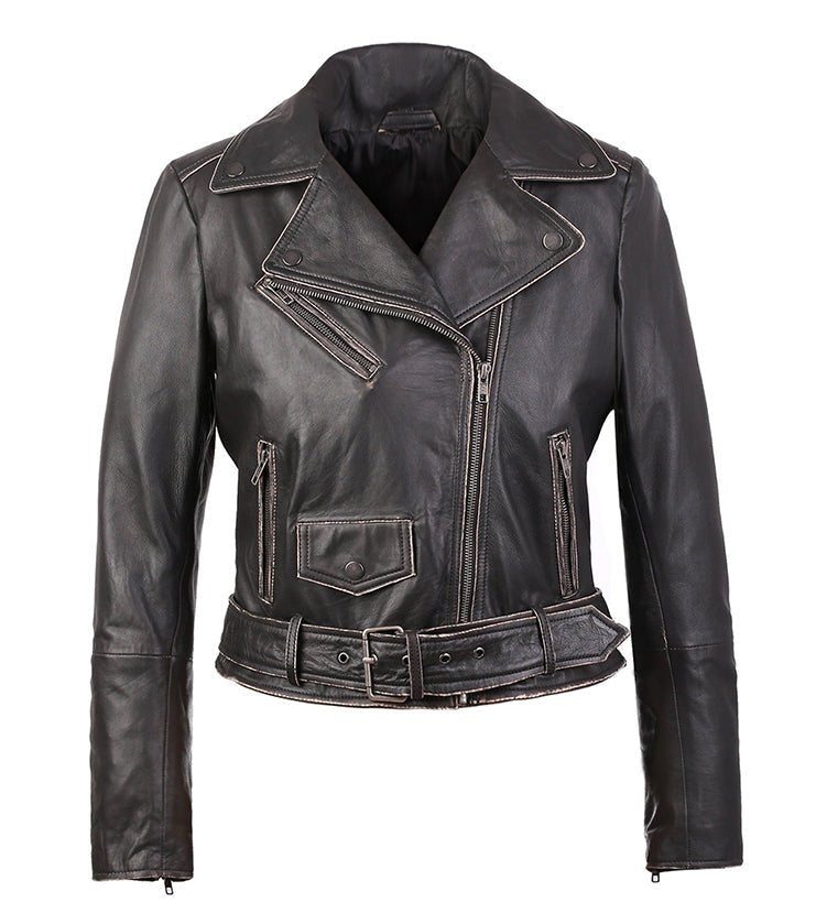 Carla Womens Distressed Short Biker Leather Jacket-0