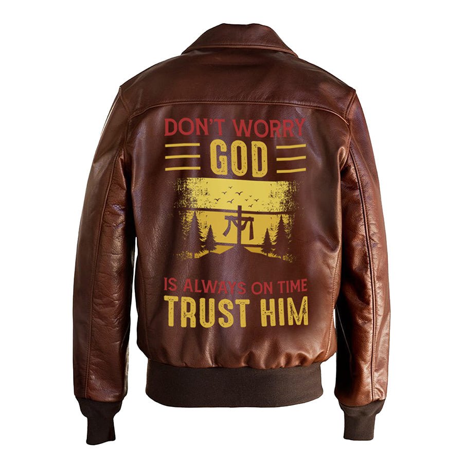 God Is Always On Time Religious Printed Bomber Genuine Leather Jacket-0