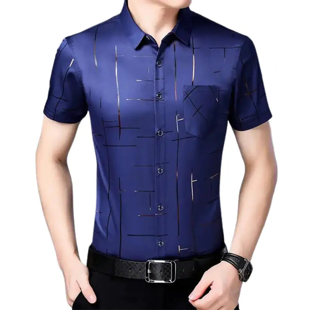 Formal Dress Shirt Men Short Sleeve Fashion Stripe Print Button