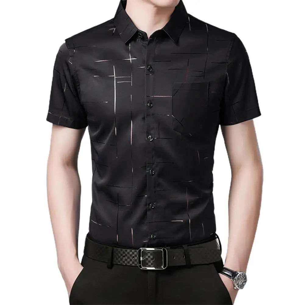 Formal Dress Shirt Men Short Sleeve Fashion Stripe Print Button