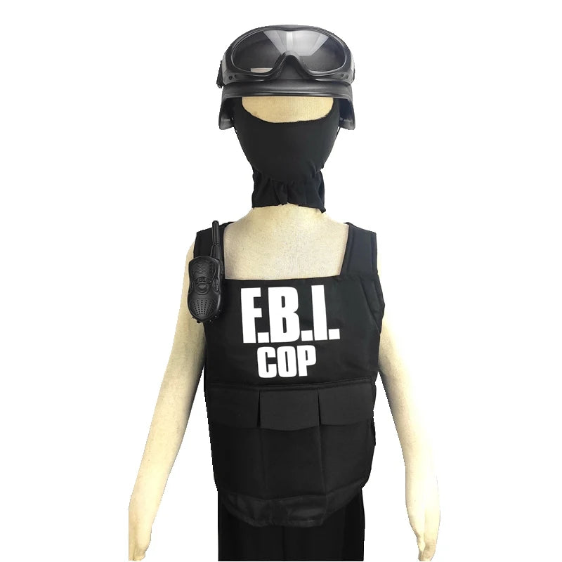 FBI Agent politiuniform skudsikker vest og hjelmkostume Fancy kjole outfit 3-9 år børn politikostume