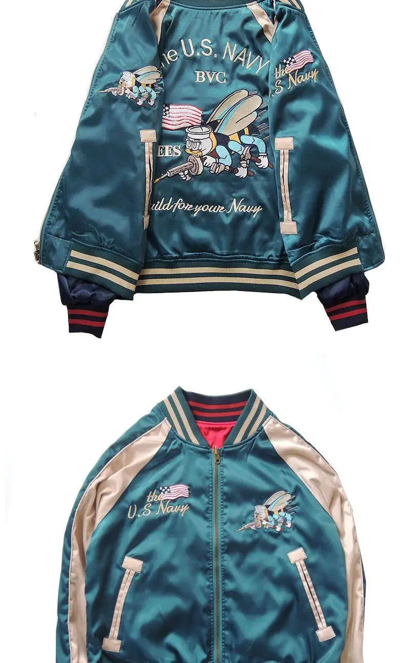 Harajuku Lovers Couples Bees Embroidery Reversible Jacket Faux Silk Baseball Satin Bomber Jacket Spring Double-sided Streetwear