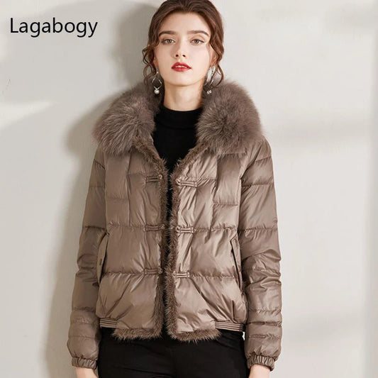 Lagabogy 2024Real Fox Fur Collar Winter Women 90%White Duck Down Jacket Ladies Short Warm Puffer Coat Female Loose Vintage Parka