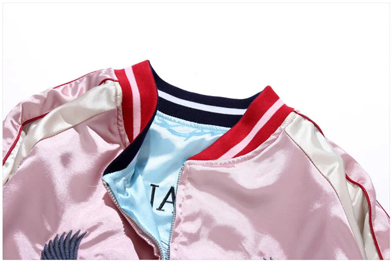 Double Sided Satin Baseball Jacket Women Sukajan Bomber Jacket Female Girls Embroidery Coat 2025 Spring Autumn Pink