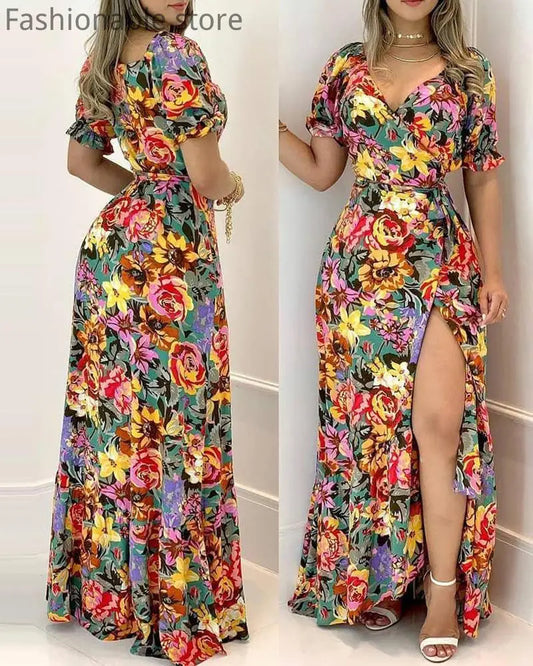 Women Floral Print Side High Slit Short Sleeve Maxi Dress