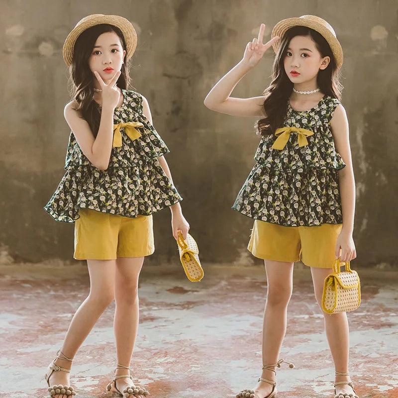 2024 spring Girls Clothes Set Children cotton Sleeveless Floral shirt Tops + leaf Shorts pant Kids teens 6 8 10 11 12 Years