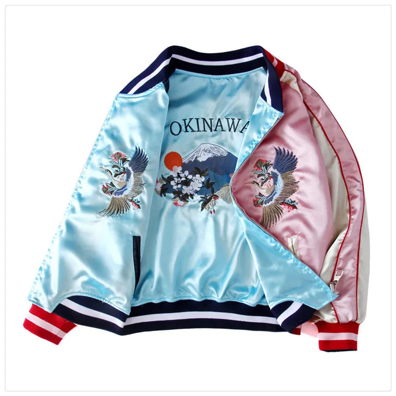 Double Sided Satin Baseball Jacket Women Sukajan Bomber Jacket Female Girls Embroidery Coat 2025 Spring Autumn Pink