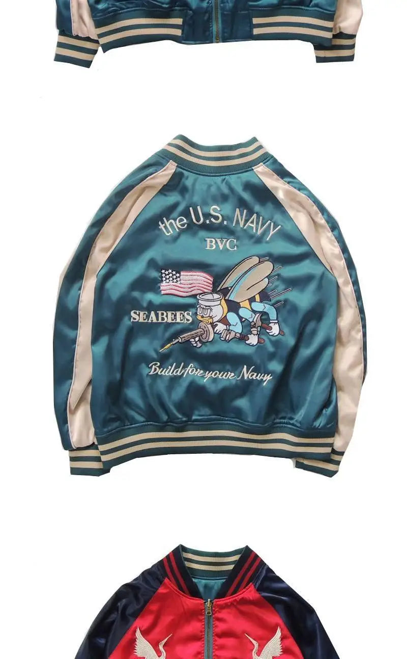 Harajuku Lovers Couples Bees Embroidery Reversible Jacket Faux Silk Baseball Satin Bomber Jacket Spring Double-sided Streetwear