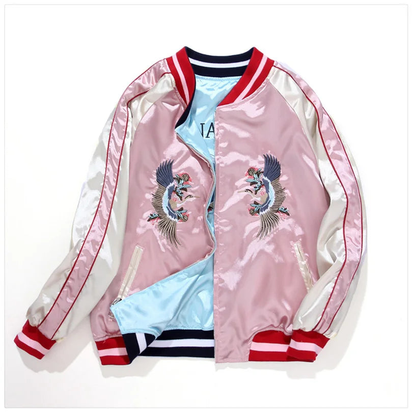 Double Sided Satin Baseball Jacket Women Sukajan Bomber Jacket Female Girls Embroidery Coat 2025 Spring Autumn Pink