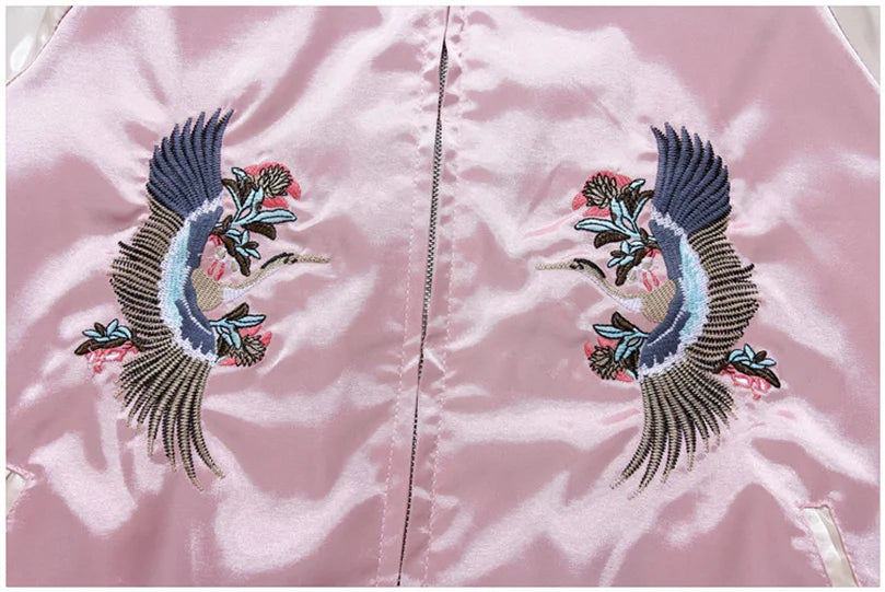 Double Sided Satin Baseball Jacket Women Sukajan Bomber Jacket Female Girls Embroidery Coat 2025 Spring Autumn Pink