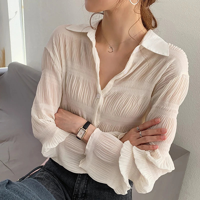 New  Spring Vintage Elegant Women Chiffon Blouses Casual Long Sleeve