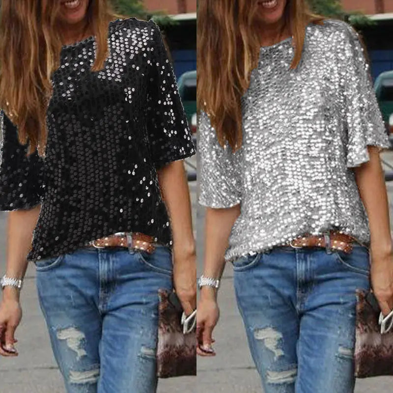 Summer Explosion Sequined T-shirt  Glitter Solid Loose Tops Pullover  Ladies T Shirts