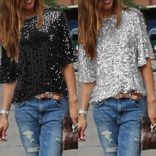 Summer Explosion Sequined T-shirt  Glitter Solid Loose Tops Pullover  Ladies T Shirts