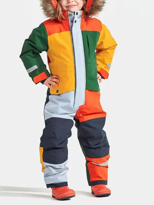 Outdoor single and double board luminous children's windproof, waterproof and warm one-piece hooded ski cotton suit