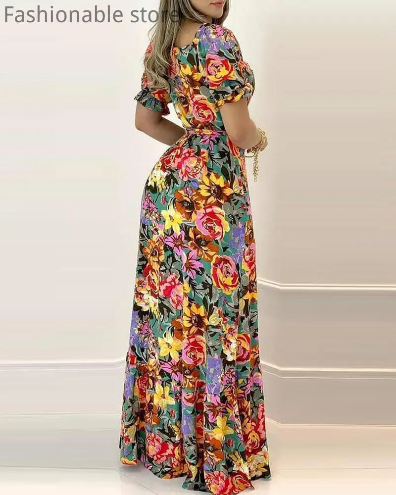 Women Floral Print Side High Slit Short Sleeve Maxi Dress