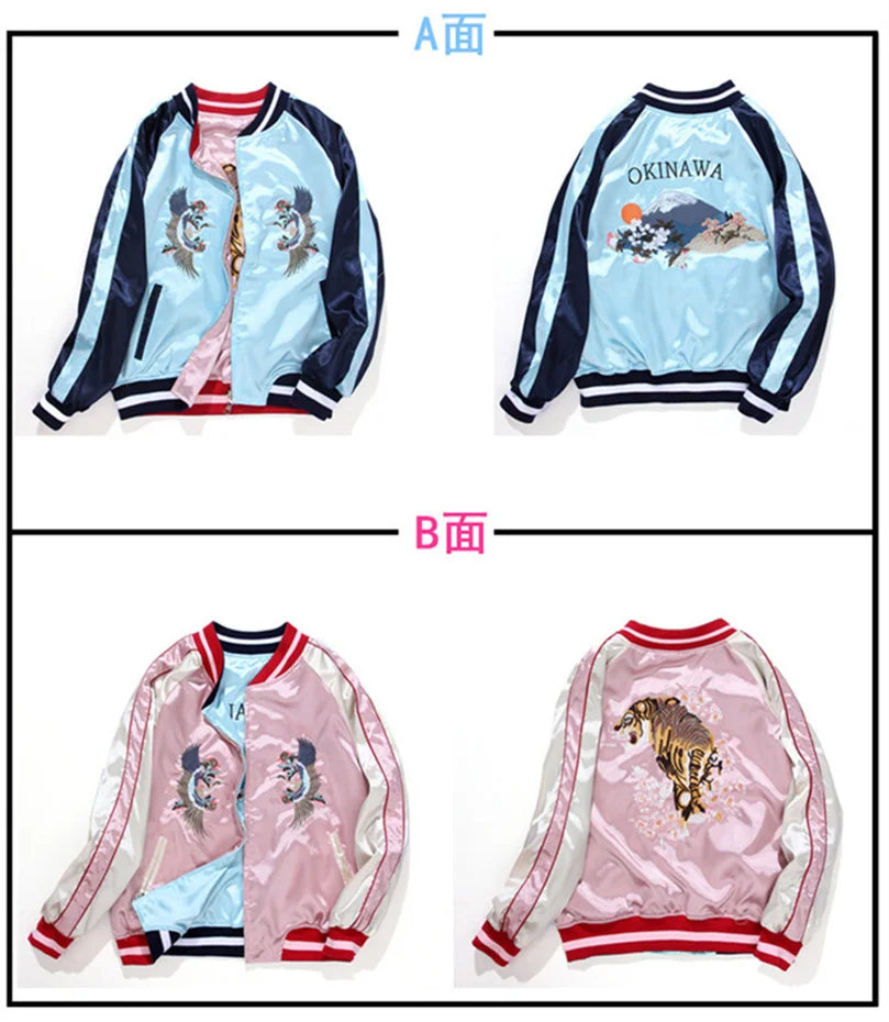 Double Sided Satin Baseball Jacket Women Sukajan Bomber Jacket Female Girls Embroidery Coat 2025 Spring Autumn Pink