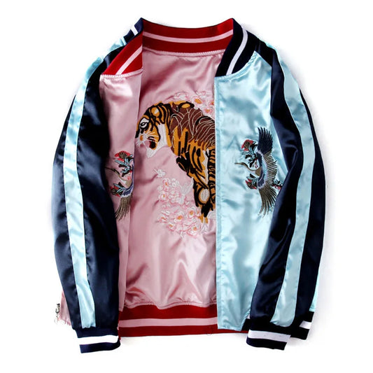 Double Sided Satin Baseball Jacket Women Sukajan Bomber Jacket Female Girls Embroidery Coat 2025 Spring Autumn Pink