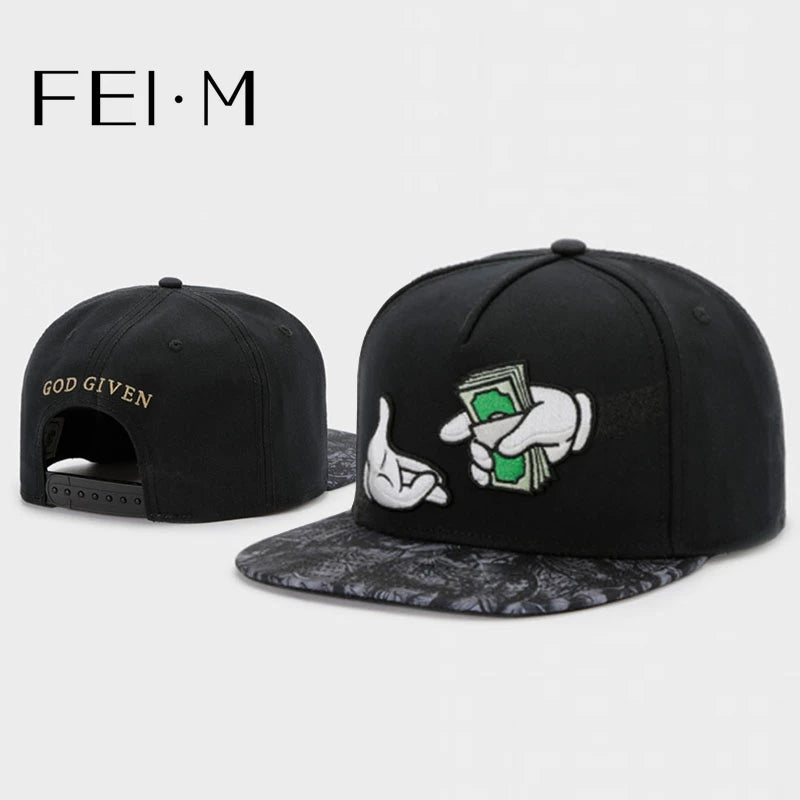 FEI M Mode Gud givet Snapback-kasket Giv mig penge Sort Udendørs Hip Hop Baseballkasket Rejse Voksen Afslappet Sport Solhat