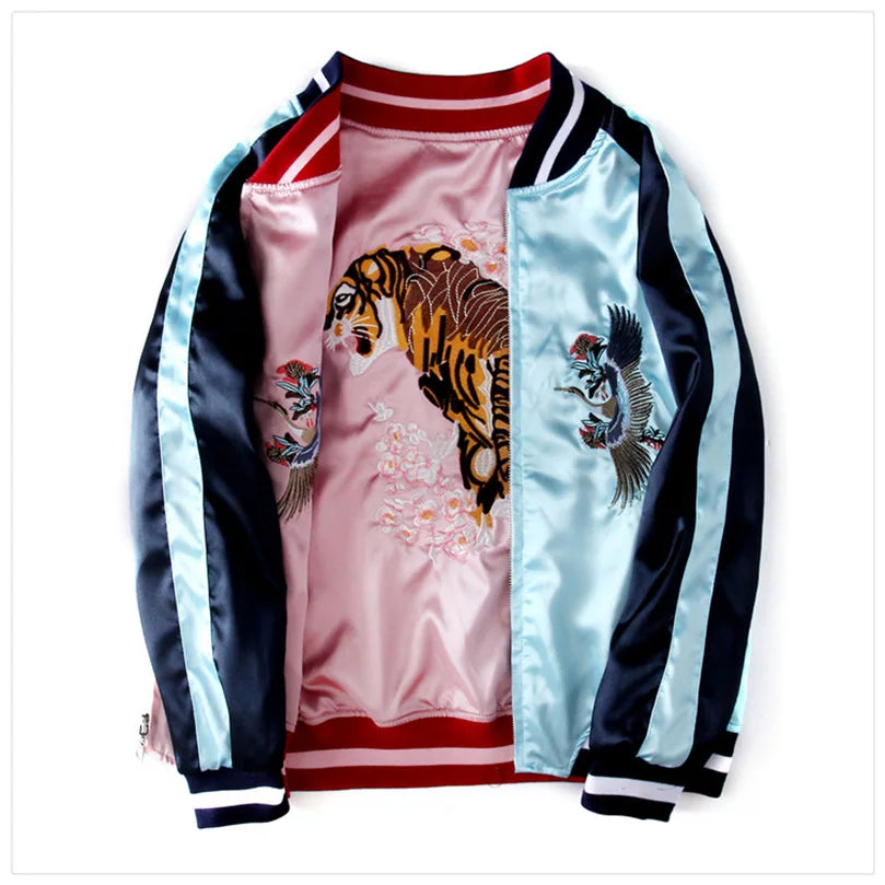 Double Sided Satin Baseball Jacket Women Sukajan Bomber Jacket Female Girls Embroidery Coat 2025 Spring Autumn Pink