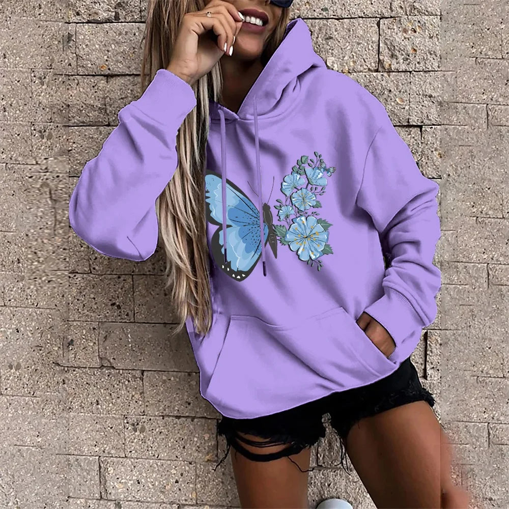 Girls Casual Sports Hoodie Butterfly Print Tops