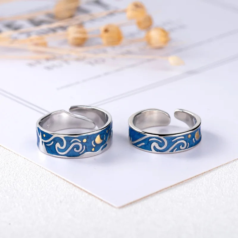 New Blue Starry Sky Lovers Drop Glaze Ring Fashion Men Women Silver Plated Dual Color Lover Gifts