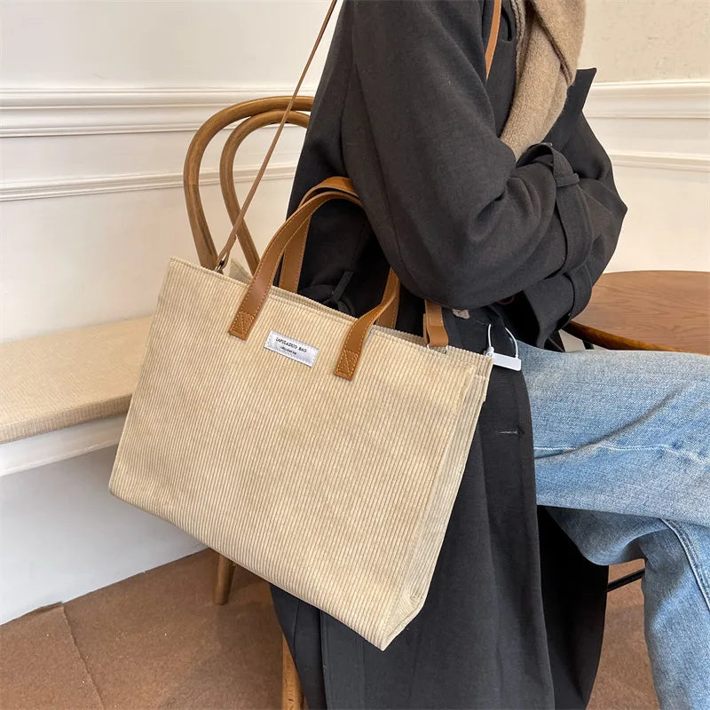 Corduroy Canvas Women Tote Shoulder Bag Foldable