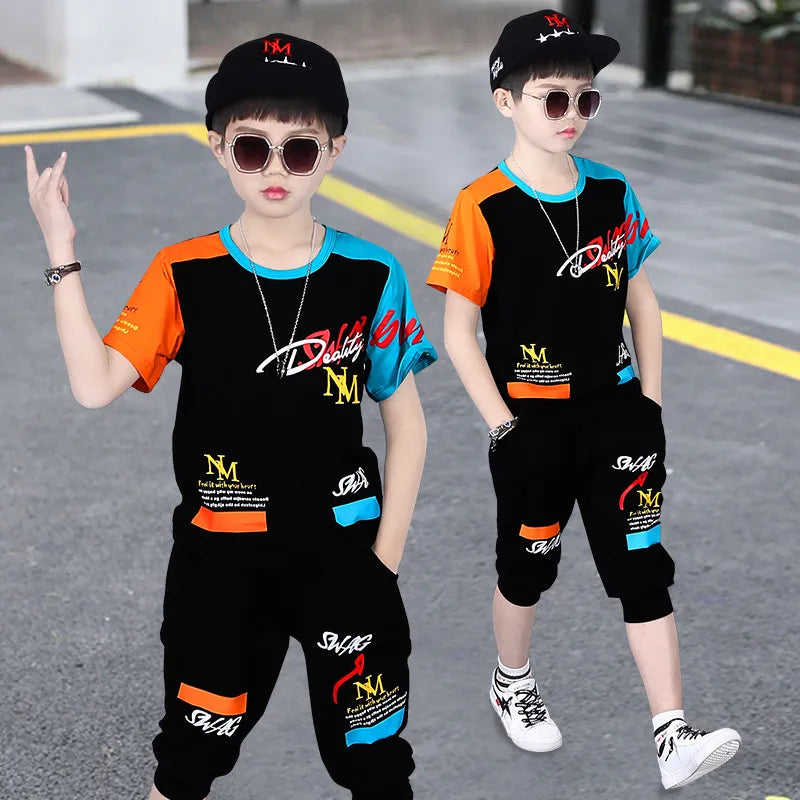 2024 Summer teenager Boys Sports Suit Letter T Shirt + hip hop shorts Pants Kids Clothes Tracksuit 4 5 6 7 8 9 10 11 12 Years