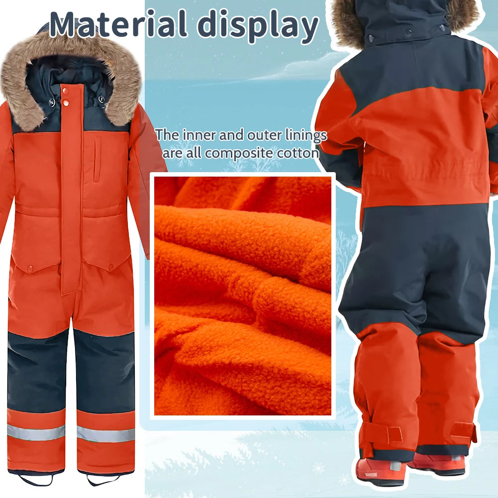 Girls Boys One-Piece Ski Suits Children's Snowboarding Fur Hooded Thick Windproof Warm Skiing Sports Clothes for Winter