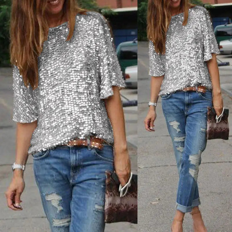 Summer Explosion Sequined T-shirt  Glitter Solid Loose Tops Pullover  Ladies T Shirts