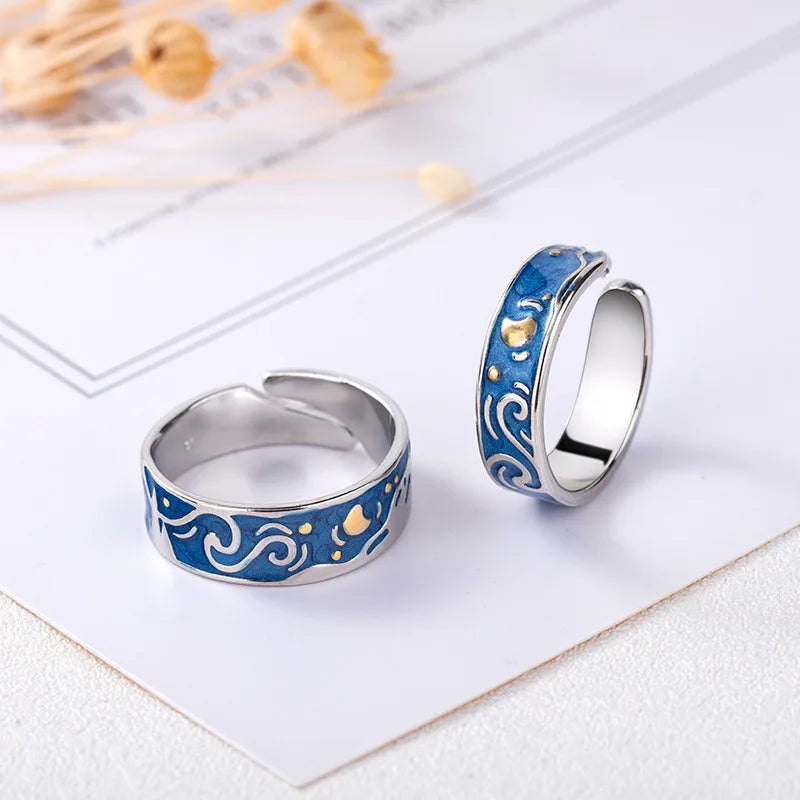 New Blue Starry Sky Lovers Drop Glaze Ring Fashion Men Women Silver Plated Dual Color Lover Gifts