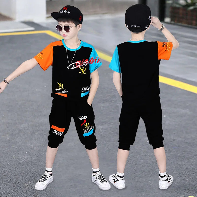 2024 Summer teenager Boys Sports Suit Letter T Shirt + hip hop shorts Pants Kids Clothes Tracksuit 4 5 6 7 8 9 10 11 12 Years