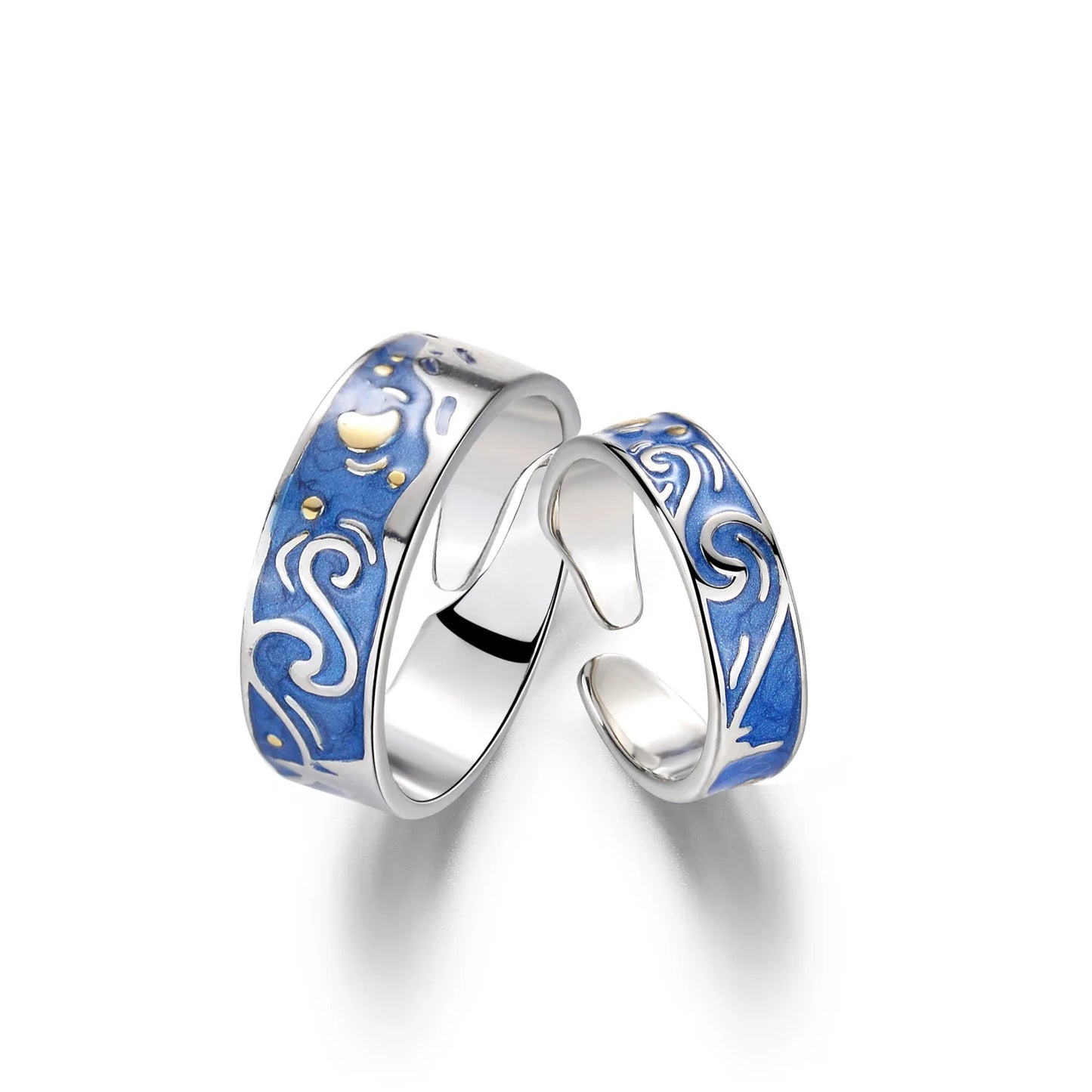 New Blue Starry Sky Lovers Drop Glaze Ring Fashion Men Women Silver Plated Dual Color Lover Gifts