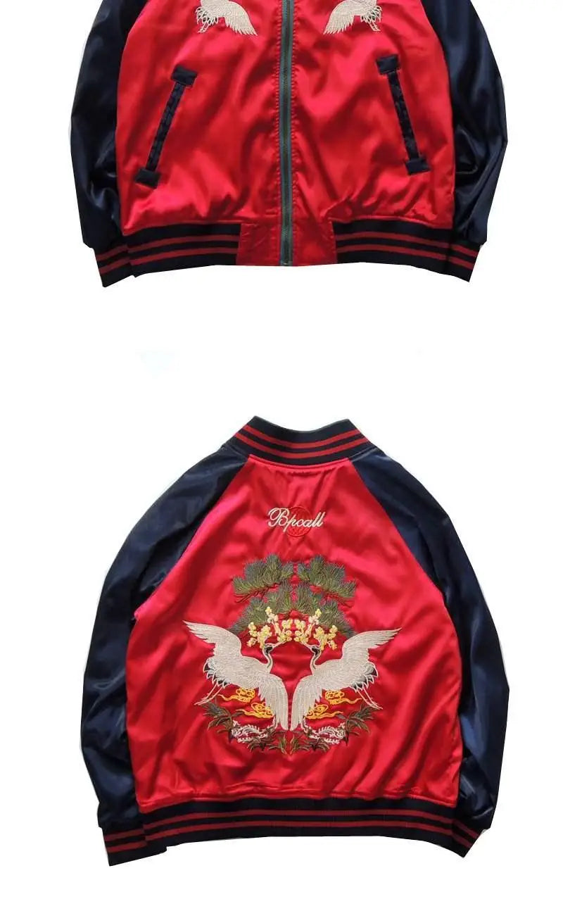 Harajuku Lovers Couples Bees Embroidery Reversible Jacket Faux Silk Baseball Satin Bomber Jacket Spring Double-sided Streetwear