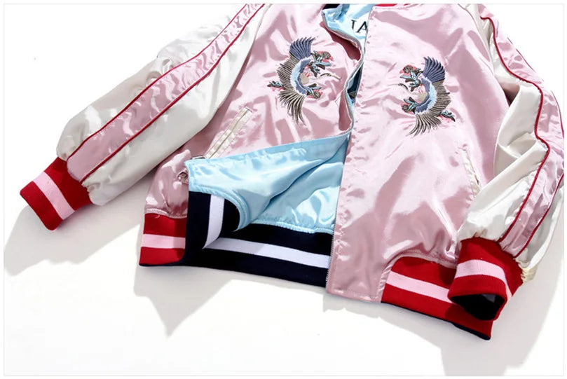 Double Sided Satin Baseball Jacket Women Sukajan Bomber Jacket Female Girls Embroidery Coat 2025 Spring Autumn Pink