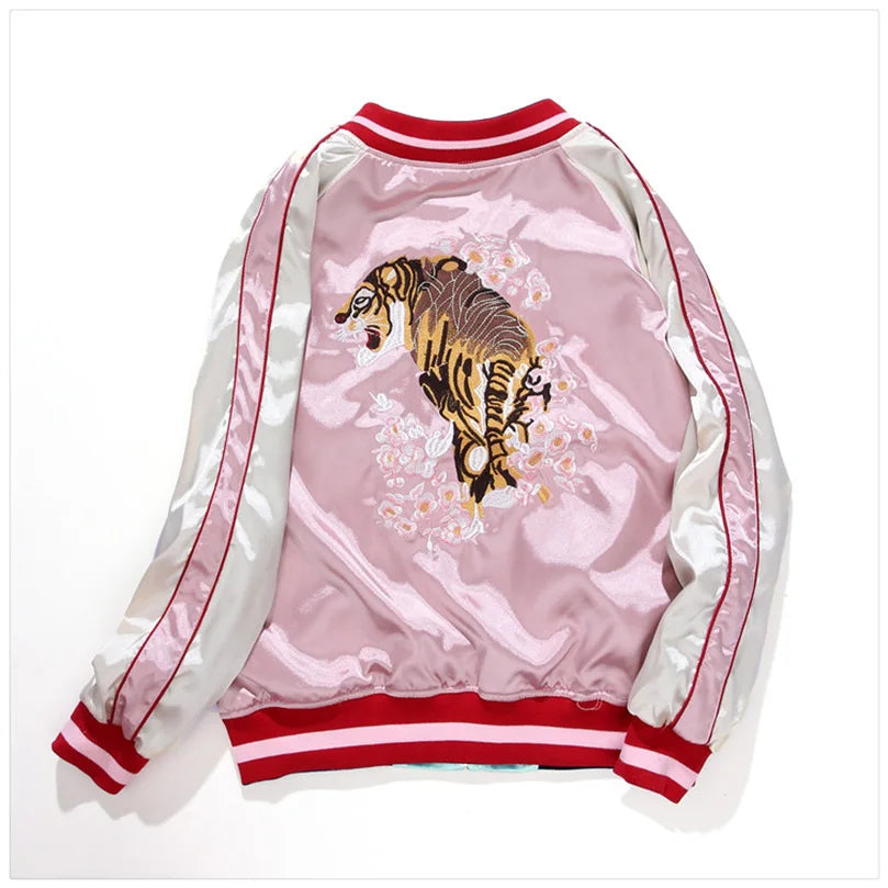 Double Sided Satin Baseball Jacket Women Sukajan Bomber Jacket Female Girls Embroidery Coat 2025 Spring Autumn Pink