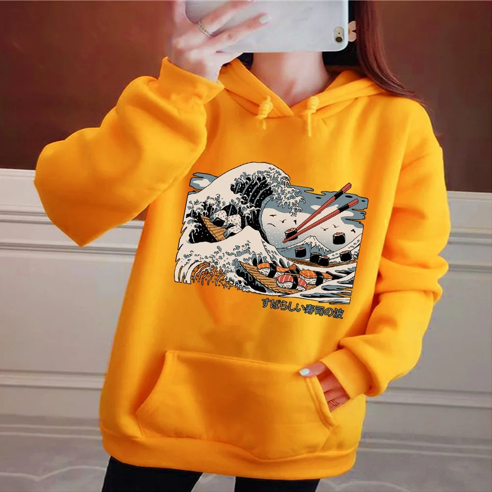 Retro Hoodie Japanese Series Printed Sports wear Casual Shirt Ladies