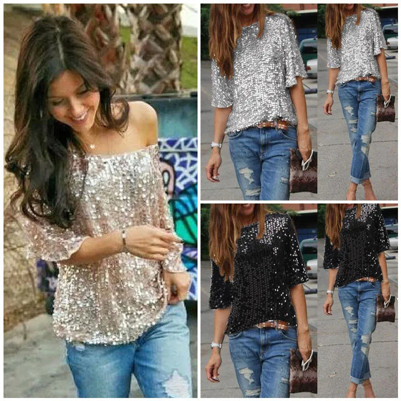 Summer Explosion Sequined T-shirt  Glitter Solid Loose Tops Pullover  Ladies T Shirts