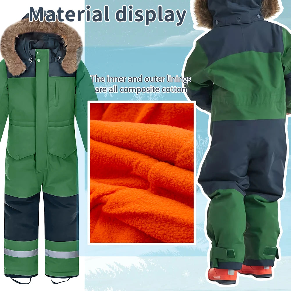 Girls Boys One-Piece Ski Suits Children's Snowboarding Fur Hooded Thick Windproof Warm Skiing Sports Clothes for Winter