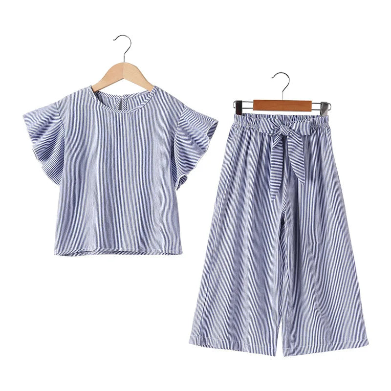 2023 Summer Clothes Set Girls Children Striped Outfits Short-sleeved Tops + Wide Leg Pants Kids Clothes 5 6 7 8 9 10 11 12 year