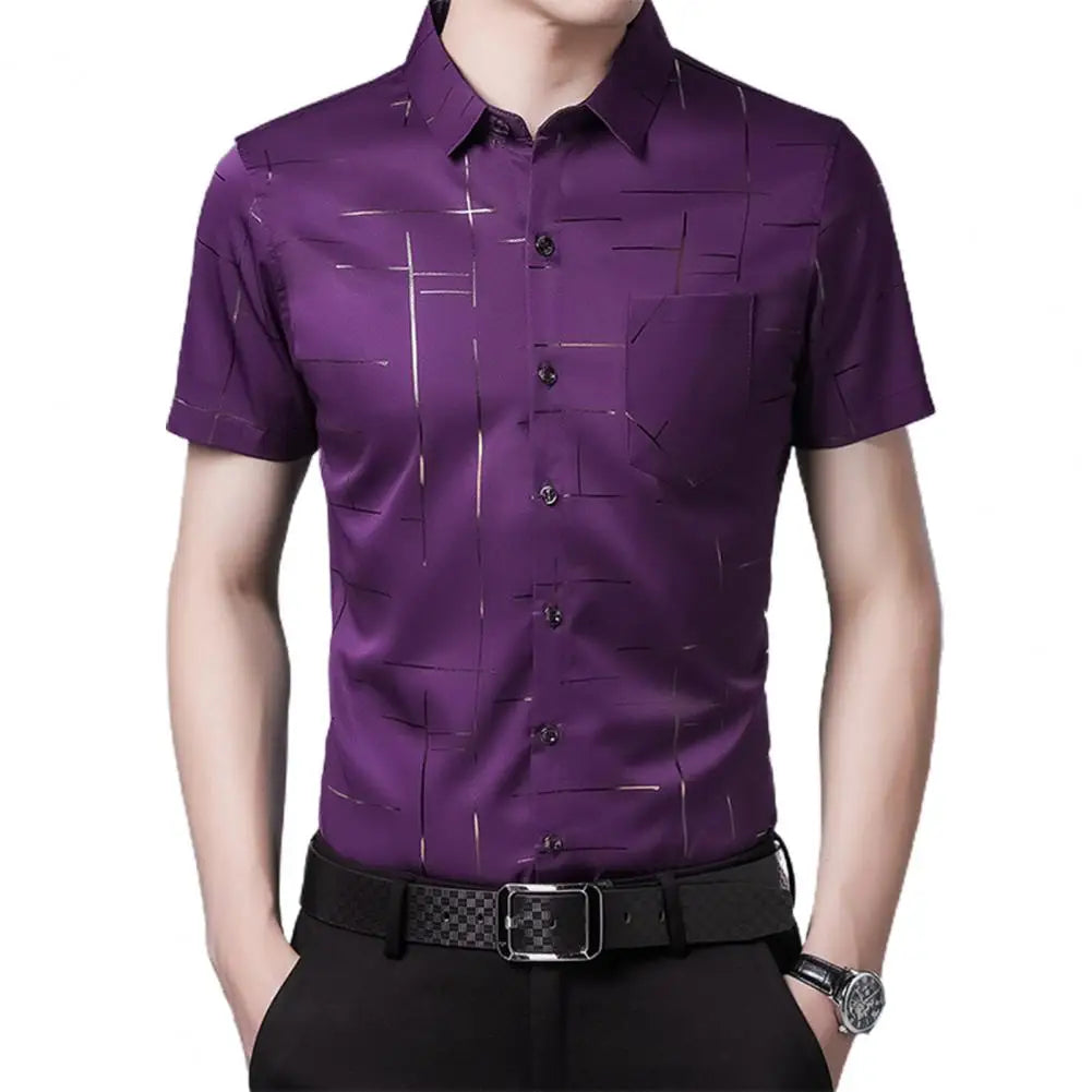 Formal Dress Shirt Men Short Sleeve Fashion Stripe Print Button